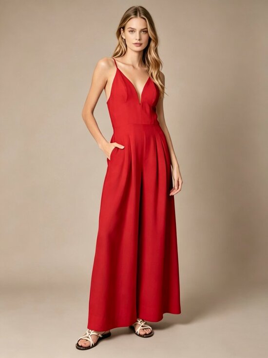 Farm Rio Pants - NWOT Farm Rio Linen Blend Sleeveless Halter Wide Leg Jumpsuit Sz XL Red